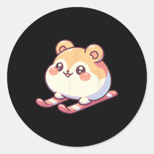 Pegatina Redonda Lindo hámster de esquí kawaii gordito invierno lad