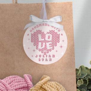 Pegatina Redonda Lindo Hecho a Mano con Amor Crochet Hilo Rosa Rubo