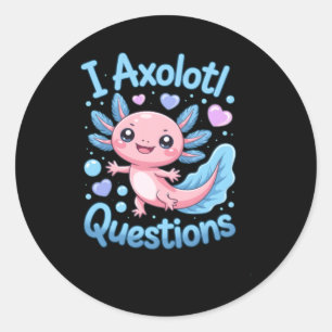 Pegatina Redonda Lindo Kawaii Axolotl Preguntas Azul Y Rosa