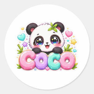 Pegatina Redonda Lindo Kawaii Coco Panda Nombre Pastel Rosa Brillan