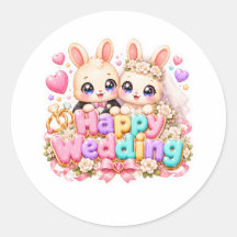 Lindo Kawaii Conejo Feliz Boda Pareja Rosa Pastel