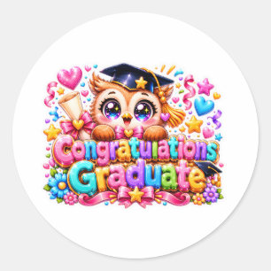 Pegatina Redonda Lindo Kawaii Felicitaciones Graduado Búho Pastel P
