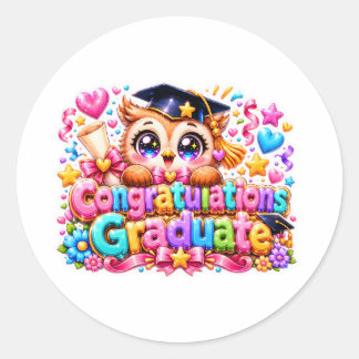 Pegatina Redonda Lindo Kawaii Felicitaciones Graduado Búho Pastel P