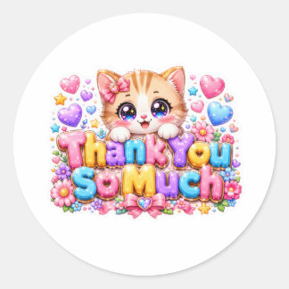 Pegatina Redonda Lindo Kawaii Gracias Cat Nombre Rosa Pastel