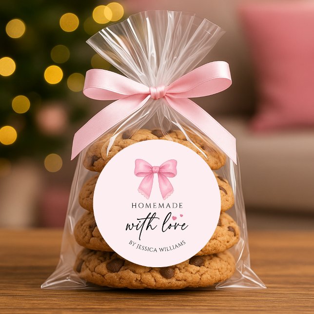 Pegatina Redonda Lindo lazo rosa coqueto Objetos hechos a mano (Cute Pink Bow Coquette homemade Goods Classic Round Sticker)