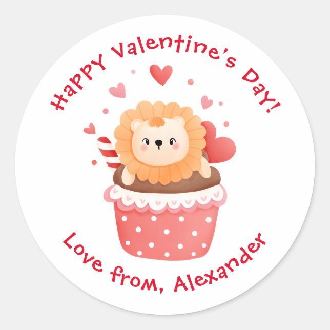 Pegatina Redonda Lindo León en Cupcake Día de San Valentín Personal (Anverso)