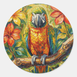 Pegatina Redonda Lindo loro de impasto colorido y flor tropical