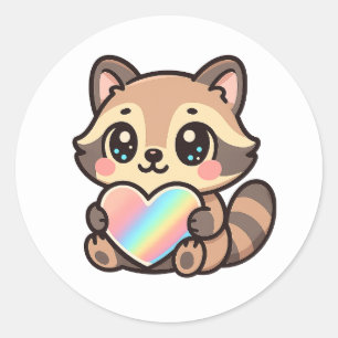 Pegatina Redonda Lindo mapache kawaii feliz con corazón de arcoíris