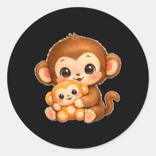 Pegatina Redonda Lindo Mono Kawaii Golpe Bebé Gráfico Gran Amor