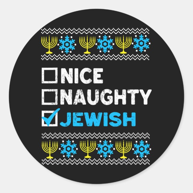 Pegatina Redonda Lindo Naughty Judío Ugly Hanukkah Sweater (Anverso)