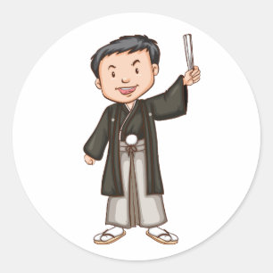 Pegatina Redonda Lindo niño japonés con kimono tradicional y hakama