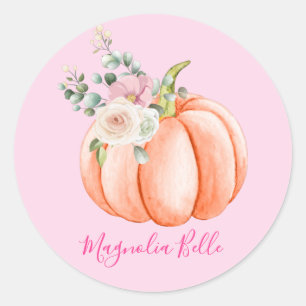 Pegatina Redonda Lindo nombre de pequeña calabaza floral rosa sonro