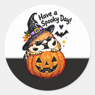 Pegatina Redonda Lindo pájaro gorrión chibi de Halloween calabaza