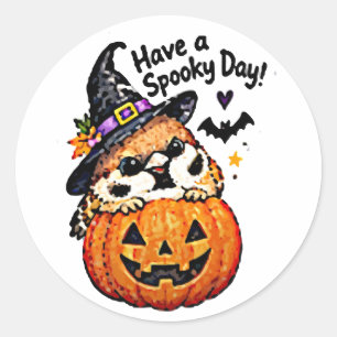 Pegatina Redonda Lindo pájaro gorrión chibi de Halloween calabaza