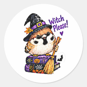 Pegatina Redonda Lindo pájaro gorrión Chibi Halloween Bruja Por fav