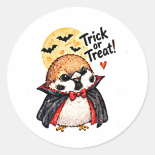 Pegatina Redonda Lindo pájaro gorrión Chibi Halloween Drácula