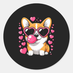 Pegatina Redonda Lindo perro Corgi corazón Sungles día de San Valen