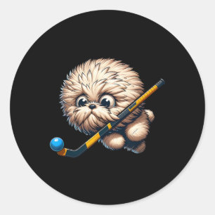 Pegatina Redonda Lindo perro de hockey con palo y Byll Kawaii S