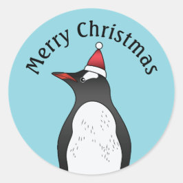 Pegatina Redonda Lindo pingüino Gentoo con sombrero de Santa en azu