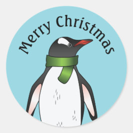 Pegatina Redonda Lindo pingüino Gentoo con una bufanda verde sobre