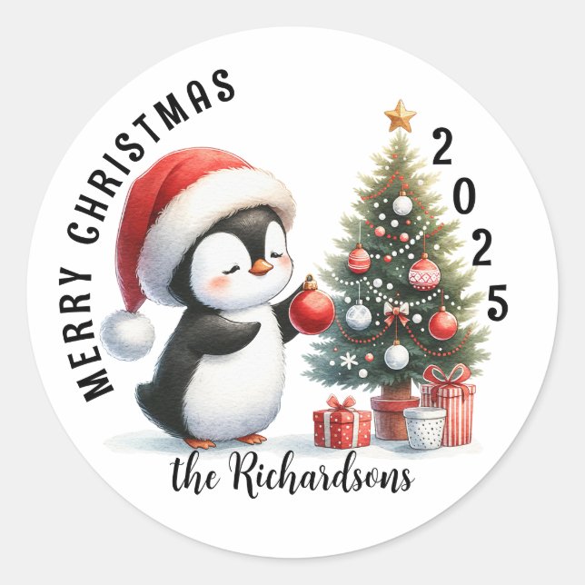 Pegatina Redonda Lindo Pingüino Moderno Personalizado Feliz Navidad (Anverso)