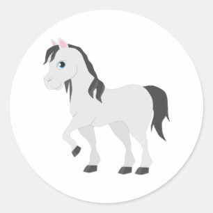 Pegatina Redonda Lindo poni gris dibujo animado caballo caprichoso