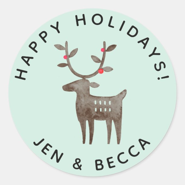 Pegatina Redonda Lindo Reno de Acuarela | Verde Marino o Cualquier  (Anverso)