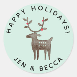 Pegatina Redonda Lindo Reno de Acuarela | Verde Marino o Cualquier