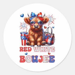 Pegatina Redonda Lindo rojo blanco y Boujee Highland Cow 4 de julio