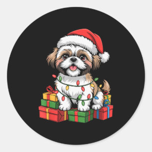 Pegatina Redonda Lindo sombrero de Santa Shih Tzu Navidad Xmas Aman