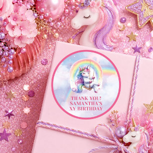 Pegatina Redonda Lindo Sticker de Cumpleaños de Unicornio Rosa Púrp