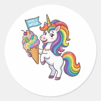 Pegatina Redonda Lindo Unicornio de Arcoíris Sosteniendo Helado Haz