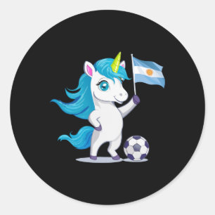 Pegatina Redonda Lindo Unicornio de Raíces Argentinas Jugando Fútbo