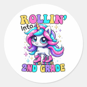 Pegatina Redonda Lindo unicornio de vuelta a la escuela de 2do grad