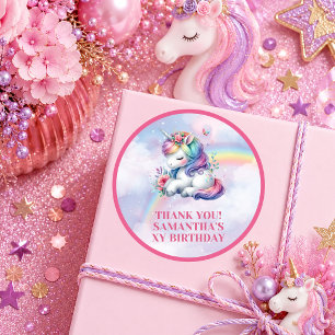 Pegatina Redonda Lindo Unicornio Pastel Mágico Cumpleaños Niña