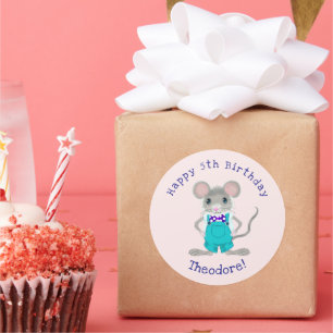 Pegatina Redonda Lindo y elegante ratoncito Cumpleaños personalizad