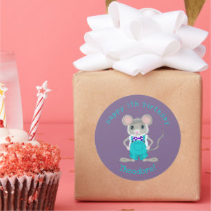 Pegatina Redonda Lindo y elegante ratoncito Cumpleaños personalizad