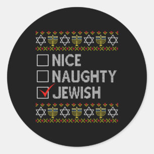 Pegatina Redonda Lindo y travieso judío Ugly Hanukkah Sweater Funny