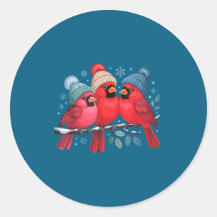 Pegatina Redonda Lindos Cardenales Rojos Con Gorros De Punto Arte D