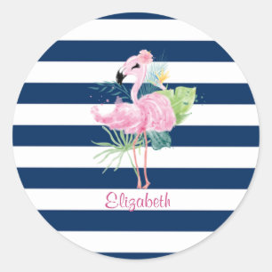 Pegatina Redonda Lindos Flamingos RosadosHoja Tropical, Rayado
