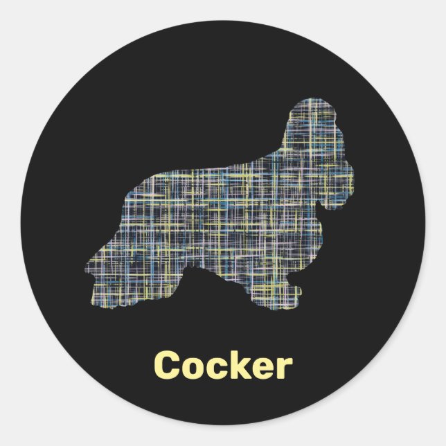 Pegatina Redonda Línea Cuadrícula Amarilla y Negra del perro Cocker (Anverso)