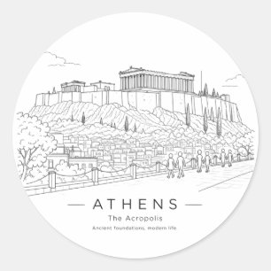 Pegatina Redonda Línea de Arte de la Acrópolis de Atenas Partenón