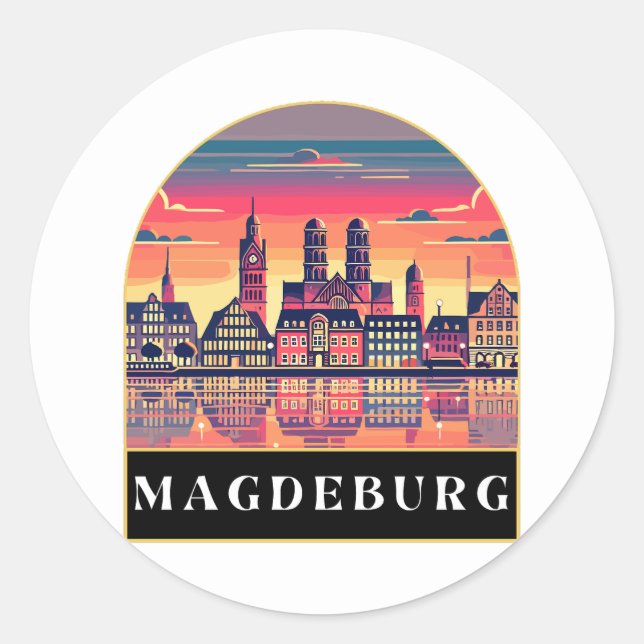 Pegatina Redonda Línea de Skyline Retro Magdeburg (Anverso)