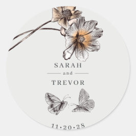 Pegatina Redonda Línea mínima Art Terracotta Poppies