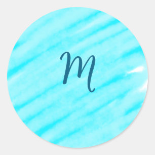 Pegatina Redonda líneas simples de acuarela azules con tu monograma