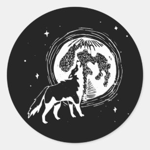 Pegatina Redonda Linocut Husky Moon negro y blanco