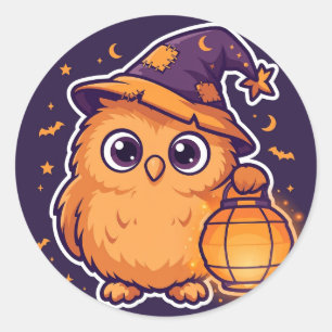 Pegatina Redonda Linterna de búho mago de Halloween