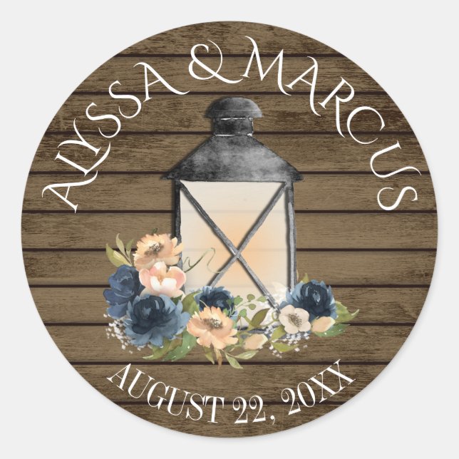 Pegatina Redonda Linterna de época y Boda de granero ruso azul de l (Anverso)