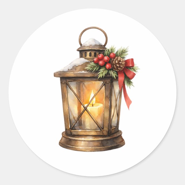 Pegatina Redonda Linterna de Navidad con vela encendida en acuarela (Anverso)