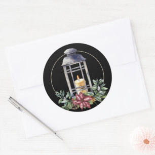 Pegatina Redonda Linterna de navidades con velas en negro